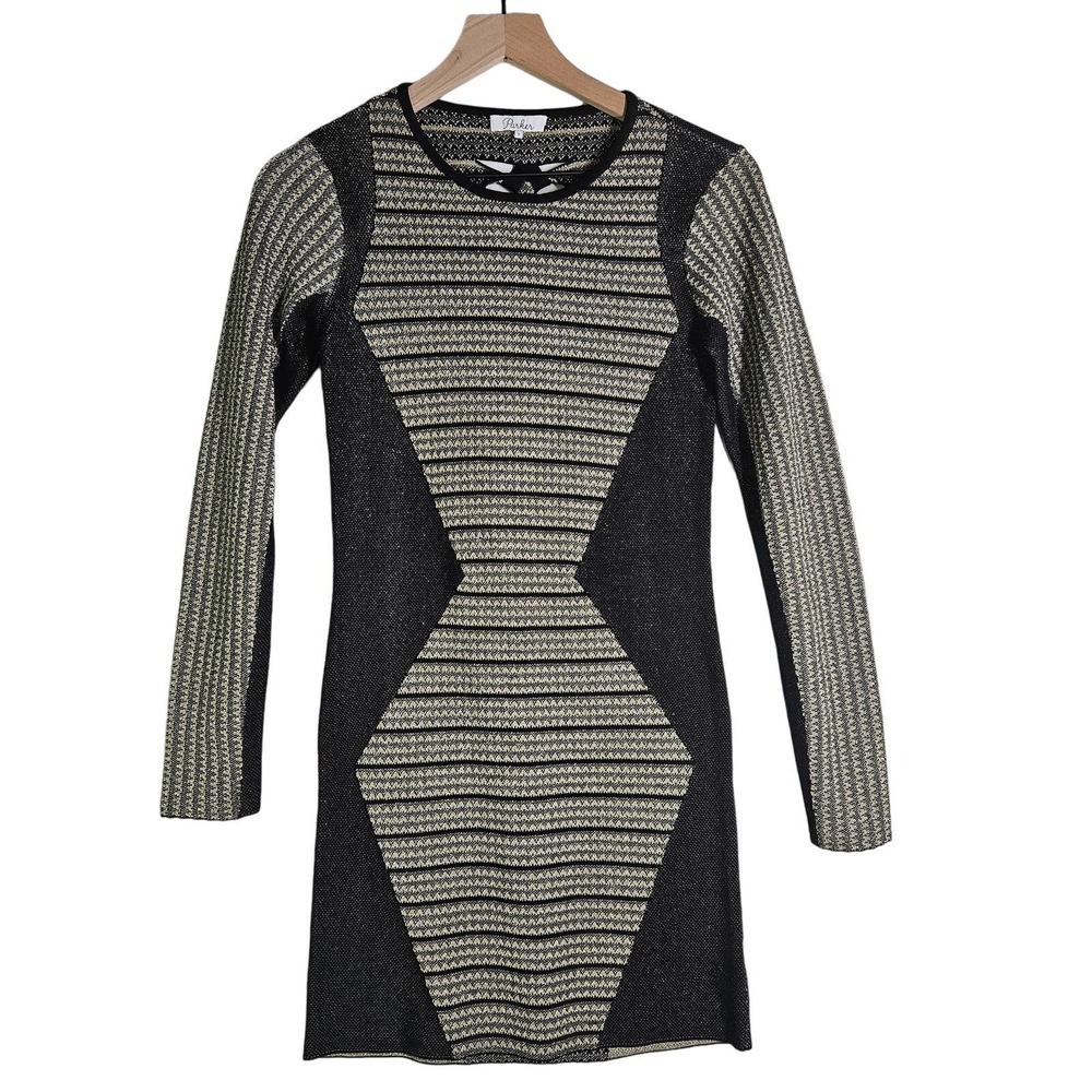 Parker Bodycon Sweater Knit Mini Dress Twist Back S Black Gold Long Sleeve